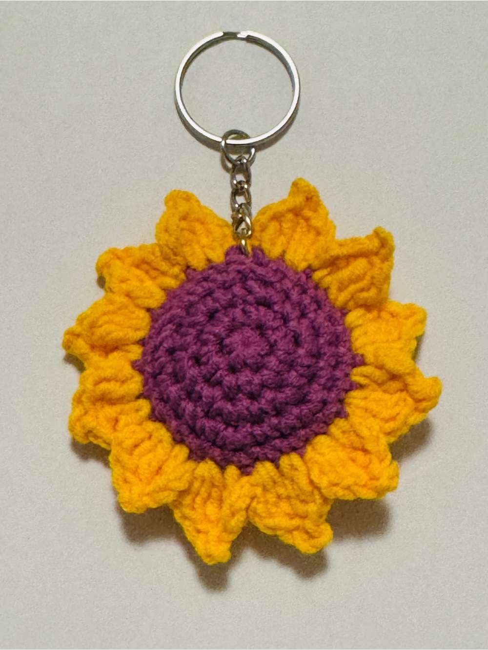 Handmade Yellow Sunflower Keychain with Purple Center - Picture 1 of 7